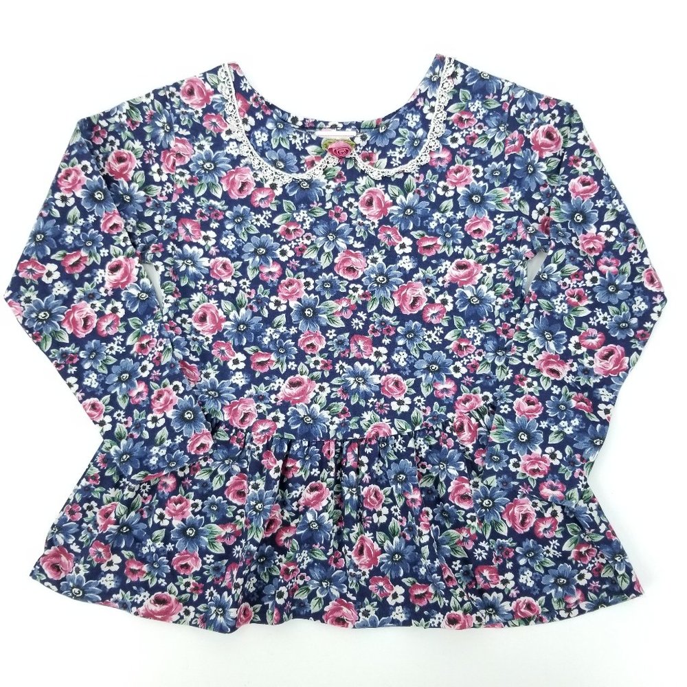 Vtg 80s Girls on the Go sz 5 Floral Ruffles Lace Collar Long Sleeve Shirt Top